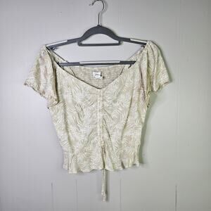 Japna Beige Tropical Crop Top Short Sleeve Blouse Size Large Beachy Coastal
